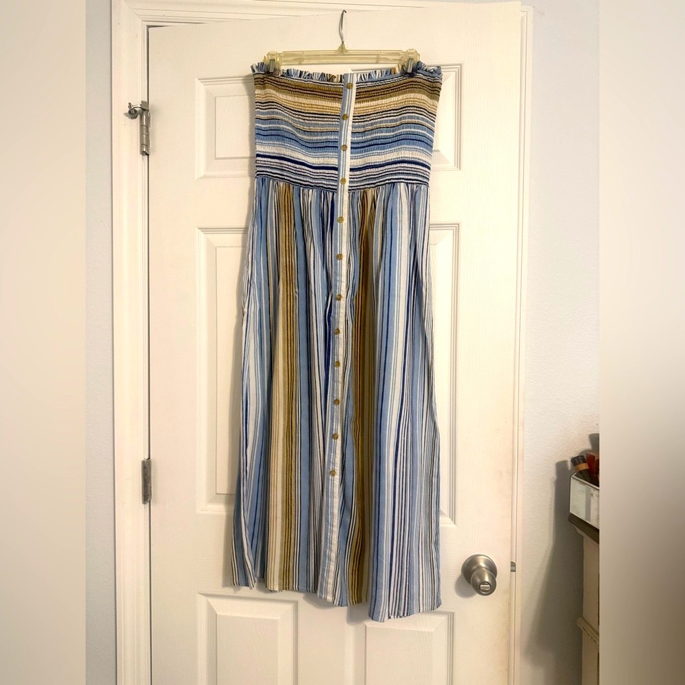 Blue and Brown Tiered Midi Dress with Smocked Bohemian Style